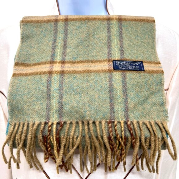 Men-Women Burberry Of London  Scarf 100% Wool Olive Beige Plaid Fringe66"x10"(21 - Picture 4 of 8